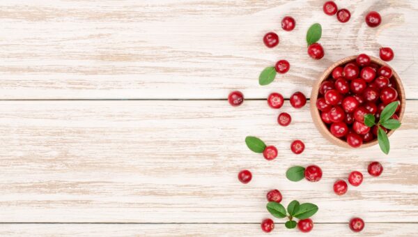 Cranberry with leaf in bowl on white wooden background