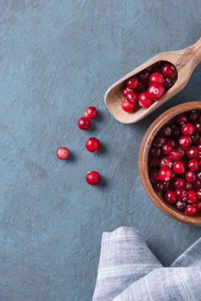 fresh cranberries in a wooden bowl with blue napkin on a dark wooden background