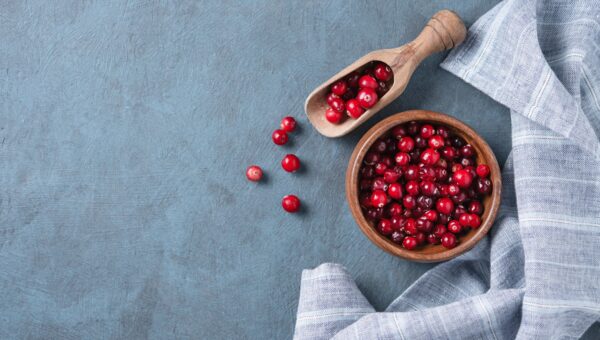 fresh cranberries in a wooden bowl with blue napkin on a dark wooden background